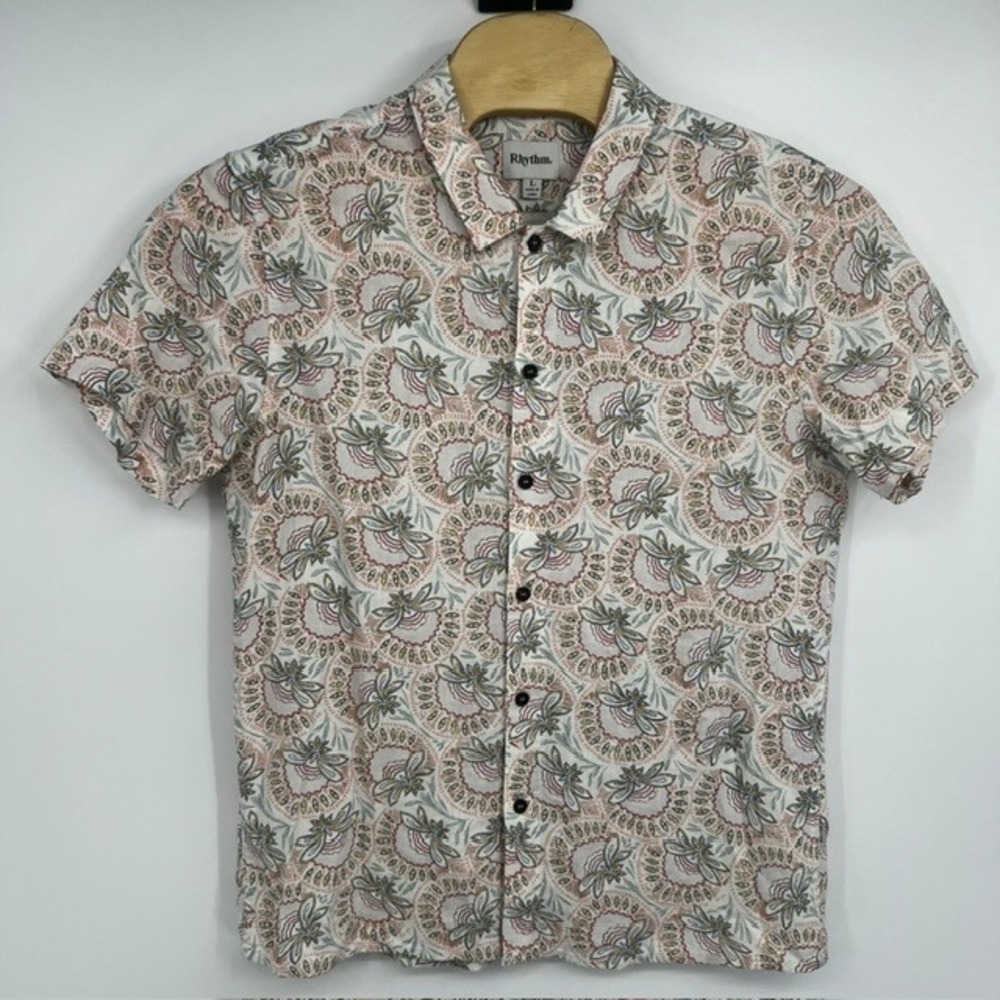 Rhythm Men's Large Linen Blend Short Sleeve Button Down Shirt